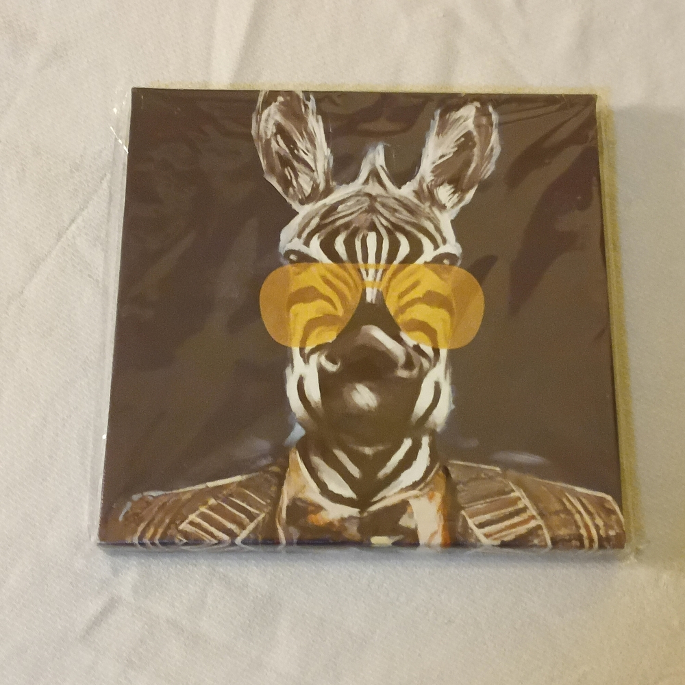 Special Moments Zebra Portrait with Yellow Sunglasses Brown Background 8.5x 8.5